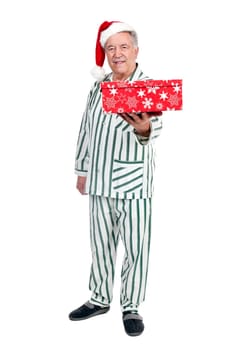 Happy senior with Christmas hat and gift box