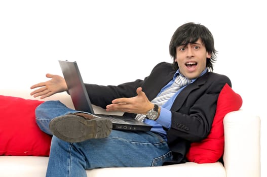 Business man with laptop isolated in white