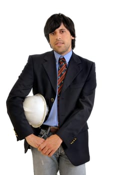 Young engineer with hat isolated in white