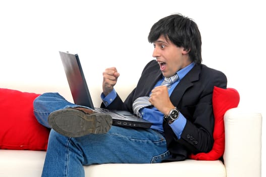Business man with laptop isolated in white