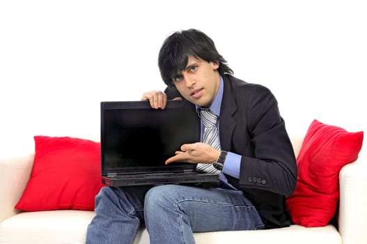 Business man with laptop isolated in white