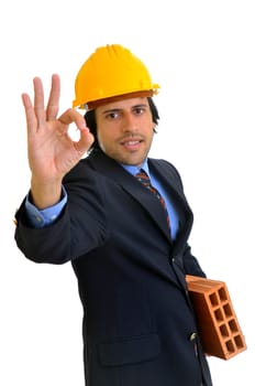 Young engineer with hat isolated in white