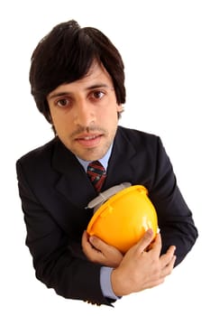 Young engineer with hat isolated in white