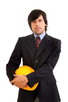 Young engineer with hat isolated in white