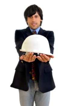 Young engineer with hat isolated in white