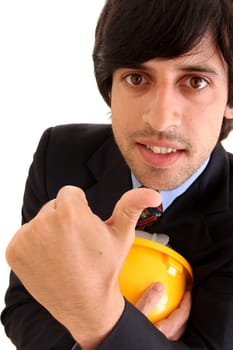 Young engineer with hat isolated in white