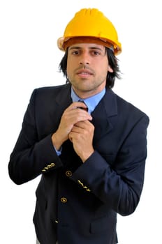 Young engineer with hat isolated in white