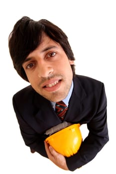 Young engineer with hat isolated in white