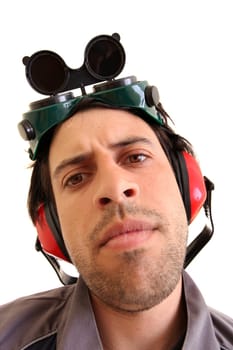Construction worker closeup isolated in white