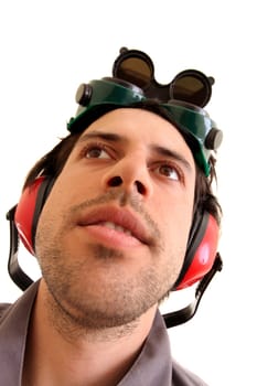 Construction worker closeup isolated in white