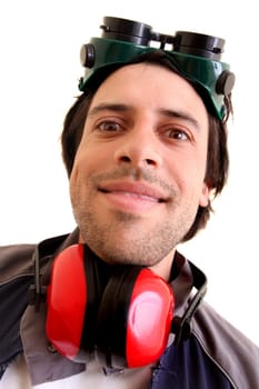 Construction worker closeup isolated in white