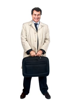 Businessman with computer case isolated in white