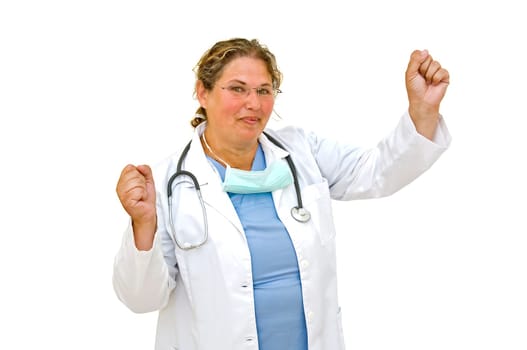 Happy mature woman doctor isolated against a white background