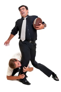 Businessmen playing rugby isolated in white