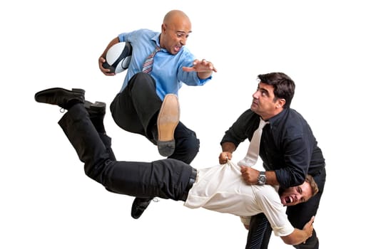 Businessmen playing rugby isolated in white