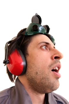 Construction worker closeup isolated in white