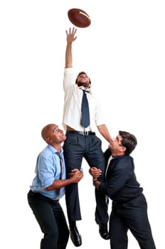 Businessmen playing rugby isolated in white