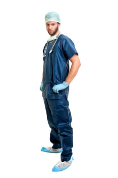 young doctor in uniform posing isolated in white
