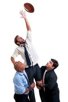 Businessmen playing rugby isolated in white