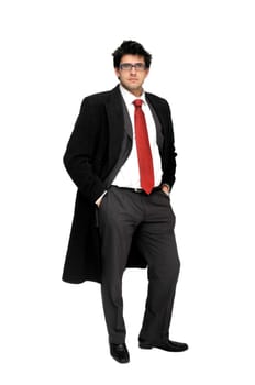 Young businessman posing with greatcoat isolated in white
