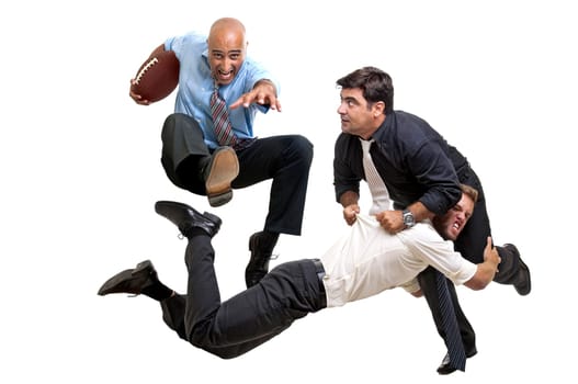 Businessmen playing rugby isolated in white