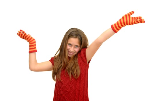 Beautiful girl with gloves isolated in white