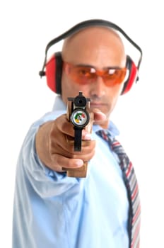 Businessman with compressed air gun