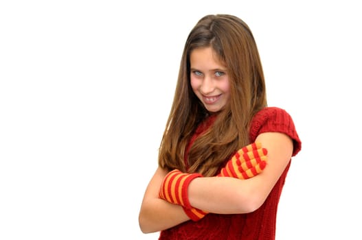 Beautiful girl with gloves isolated in white
