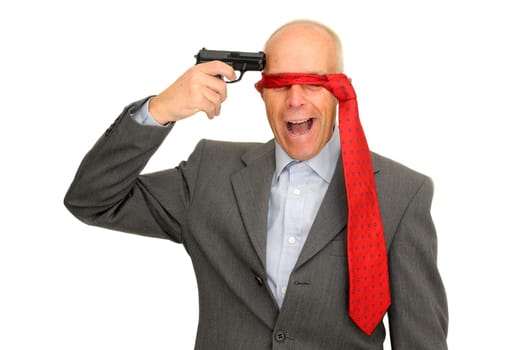 Mature man with a gun isolated in white