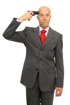 Mature man with a gun isolated in white