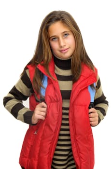 Beautiful young girl posing with backpack against a white background