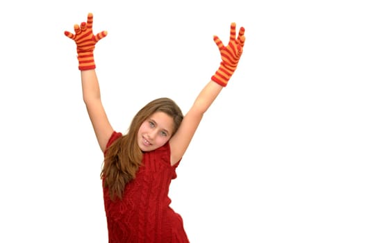 Beautiful girl with gloves isolated in white