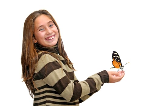 Beautiful young girl posing against a white background