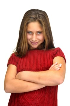 Beautiful young girl posing against a white background