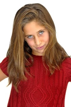 Beautiful young girl posing against a white background