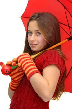 Beautiful girl with umbrella isolated in white
