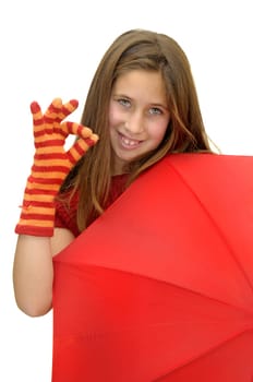 Beautiful girl with umbrella isolated in white