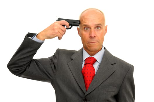 Mature man with a gun isolated in white