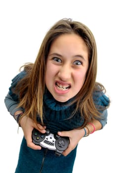 Stressed young girl playing console games