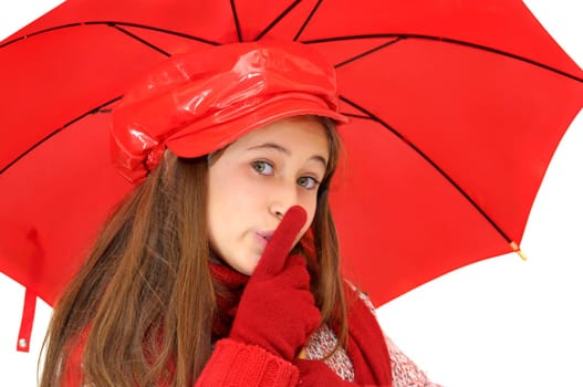Beautiful young girl with red umbrella isolated in white