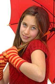 Beautiful girl with umbrella isolated in white