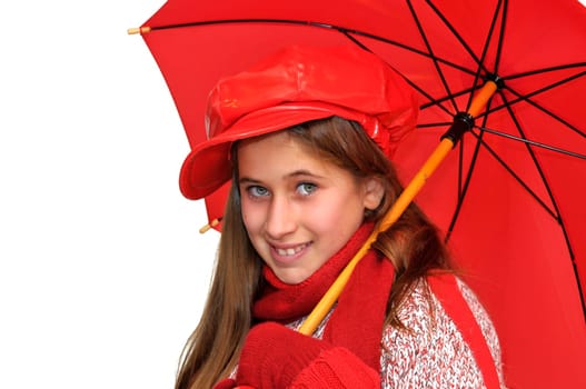 Beautiful young girl with red umbrella isolated in white