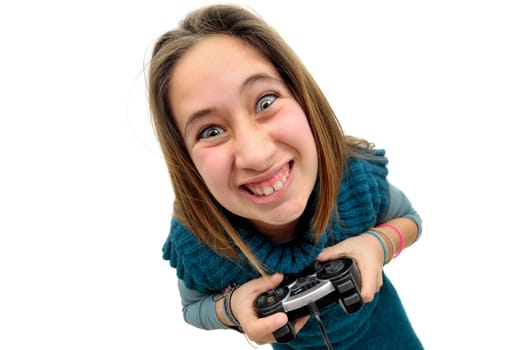 Stressed young girl playing console games