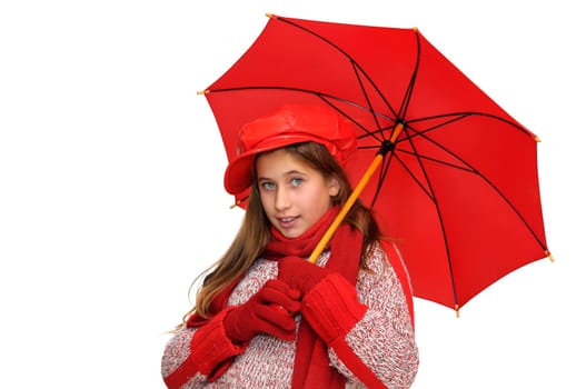 Beautiful young girl with red umbrella isolated in white