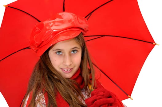 Beautiful young girl with red umbrella isolated in white