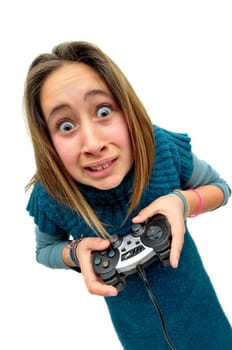 Stressed young girl playing console games