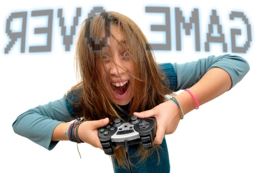 Stressed young girl playing console games