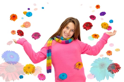 Beautiful young girl posing with flowers all around isolated in white