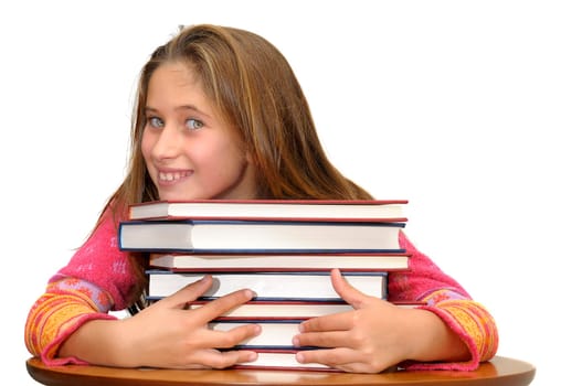 Beautiful young girl posing with books against a white background