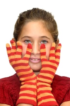 Beautiful young girl posing with gloves against a white background